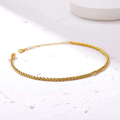 Adjustbale Link Chain Anklet for Women Summer Jewelry, 316L Stainless Steel Figaro/Wheat/Twist Rope/Cuban Foot Bracelet-Waterproof, Resizable 9"-12" (Gift Box Included) - color: 4, Wheat - Gold