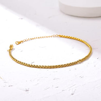 Adjustbale Link Chain Anklet for Women Summer Jewelry, 316L Stainless Steel Figaro/Wheat/Twist Rope/Cuban Foot Bracelet-Waterproof, Resizable 9"-12" (Gift Box Included) - color: 4, Wheat - Gold