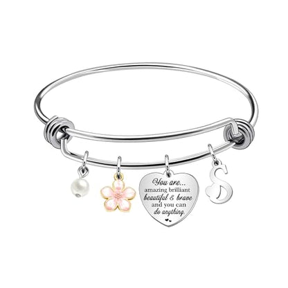 Aeora Inspirtional Bracelet Gift,Funny 26 Letter Initial A-Z Silver Heart Dangle Bangle For Women Lady Daughter Mom Sisters Friends Colleague Birthday Christmas Reminder Jewelry - color: S