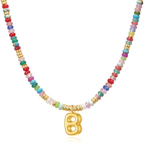 YOUFENG Initial Letter Necklaces for Women Colorful Beaded Gemstone Choker 14K Gold Plated Bubble Letter Pendant Necklace Natural Stone Handmade Jewelry Gift - color: B