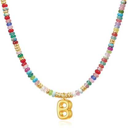 YOUFENG Initial Letter Necklaces for Women Colorful Beaded Gemstone Choker 14K Gold Plated Bubble Letter Pendant Necklace Natural Stone Handmade Jewelry Gift - color: B
