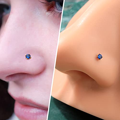 COCHARM 10k Solid Gold Clear CZ Nose Stud 20g 10K Yellow Gold Nose Screw Nose Rings Hypoallergenic S Shape Nose Piercing For Women Men - color: Navy