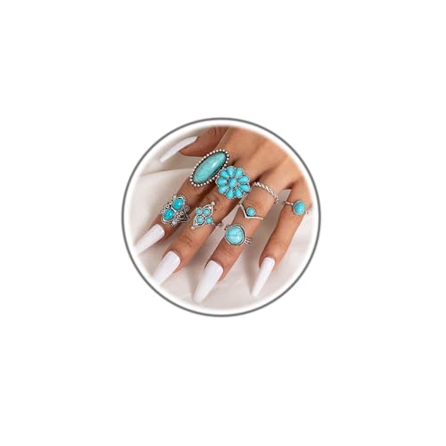 Bohemian Turquoise Ring Set for Women,Vintage Western Rings Chunky Turquoise Opal Stackable Knuckle Ring Set Punk Midi Finger Ring Pack Boho - style: Ring set-C