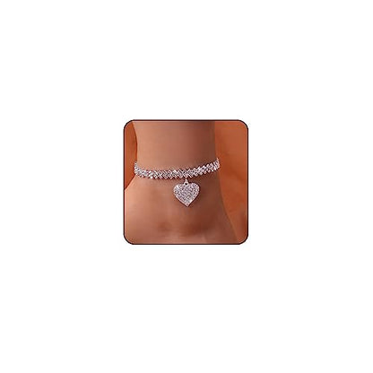 Sora Tuki Ankle Bracelets for Women Tennis Rhinestone Anklets for Women Butterfly Heart Star Cross Anklet Bracelet for Women Plus Size Anklet Bracelets for Big Ankle Beach Foot Jewelry - style: 2 - heart pendant
