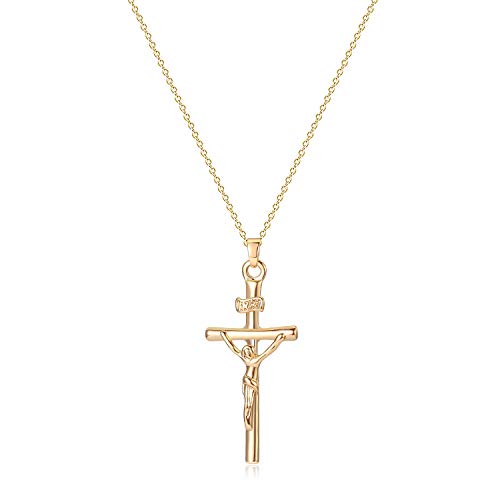 Fettero Cross Necklace for Women Faith Pendant 14K Plated Dainty Chain Necklaes Minimalist Simple Tiny God Lords Prayer Religious Jewelry - style: Jesus Cross