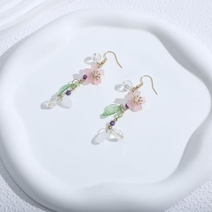 NEWITIN 4 Pieces Flower Jewelry Set for Women Fashion Costume Jewels Pink Flower Dangle Earrings Necklace Floral Beads Bracelet Gold Jewelry Set for Women - color: Pink Flower Earrings Set