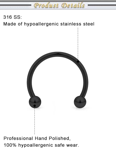 6PCS Septum Rings 18G Stainless Steel Nose Septum Ring Horseshoe Earring Eyebrow Lip Smiley Piercing Jewelry for Women Men Inner Diameter 8mm/10mm/12mm - color: black,ball closure