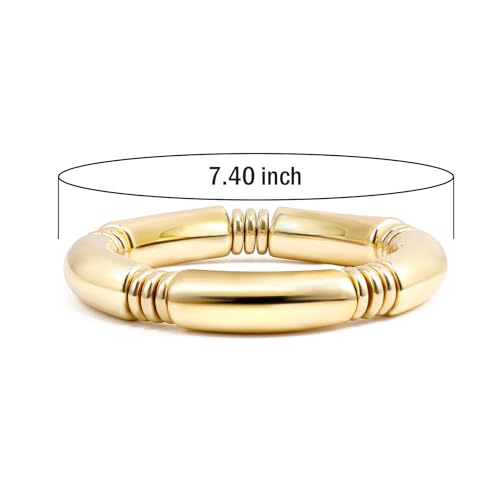 Gold Chunky Bangles Bracelets For Women 14k Gold Plated Stack Layered Curved Bamboo Tube Stretch Bracelets Gift Jewelry - color: 2pcs Gold