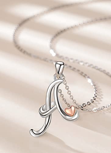 CELESTIA 925 Sterling Silver Initial Necklaces 26 Letter with Rose Gold Heart - 18 Inch Chain - color: A-Initial