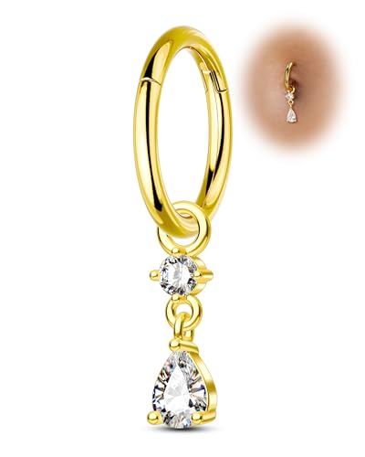Clicker Belly Button Rings 14G Gold Plated Belly Navel Rings for Women Dangle Navel Piercing Jewelry Stainless Steel 8/10MM - color: YG-10MM