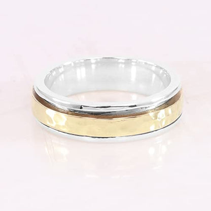 Hammered Spinner Ring for Women, 925 Sterling Silver & Brass Two-Tone Fidget Band