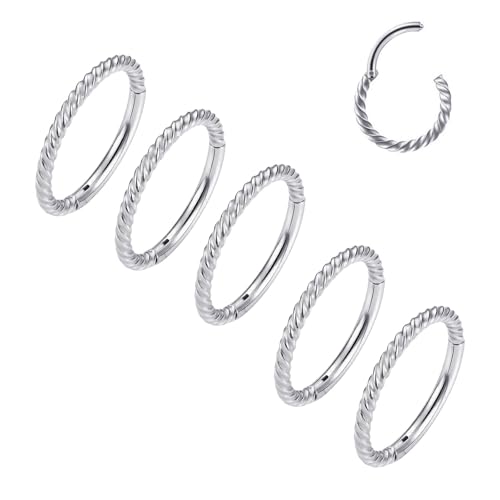 MOQIKAKA16G 18G 20G Surgical Steel Nose Septum Rings Hoops - Stainless Steel Hinged Clicker Segment Nose Rings Hoop Helix Cartilage Daith Tragus Sleeper Earrings, Ear Plugs Tunnels Gauges - color: Twist Silver 5PCS, size: 16g 8mm
