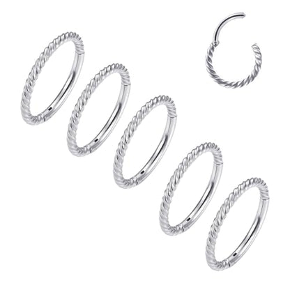 MOQIKAKA16G 18G 20G Surgical Steel Nose Septum Rings Hoops - Stainless Steel Hinged Clicker Segment Nose Rings Hoop Helix Cartilage Daith Tragus Sleeper Earrings, Ear Plugs Tunnels Gauges - color: Twist Silver 5PCS, size: 16g 8mm