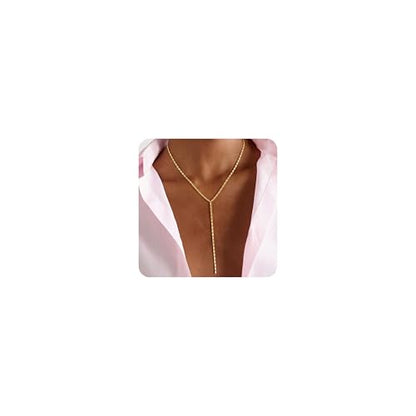 Lariat Gold Necklace for Women, Dainty Long Necklaces 14k Gold Plated Y-Shaped Layered Drop Necklaces for Women Trendy Simple Gold Jewelry for Prom Vacation Gifts - color: Long Y Necklace-Gold