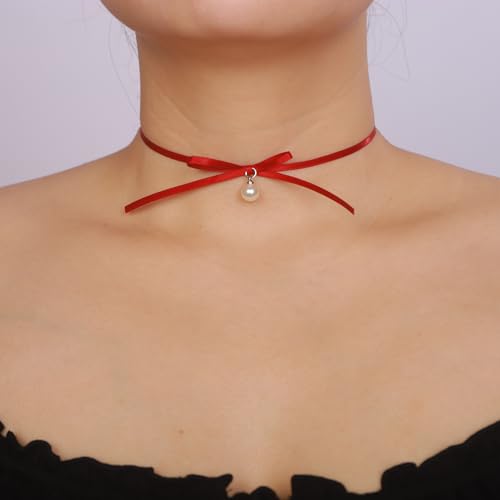Vintage Punk Velvet Ribbon Bow Choker Necklace Red and Black Satin Bow Tie Choker Necklace Pearls Pendant Bowknot Collar Choker Boho Velvet Bowknot Pearls Pendant Necklace for Women(red3)