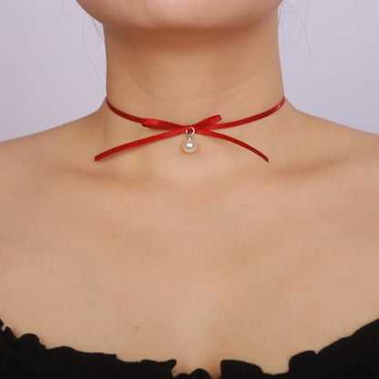 Vintage Punk Velvet Ribbon Bow Choker Necklace Red and Black Satin Bow Tie Choker Necklace Pearls Pendant Bowknot Collar Choker Boho Velvet Bowknot Pearls Pendant Necklace for Women(red3)