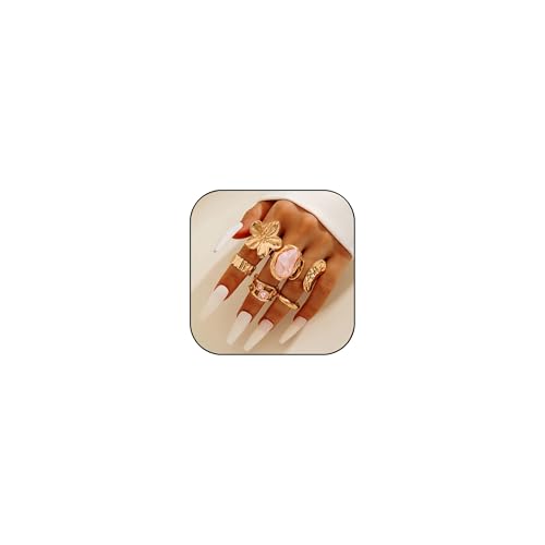 Chunky Gold Rings for Women Non Tarnish 6 PCS Vintage Stackable Flower Baroque Pearl Rhinestone Rings set Adjustable Trendy Statement Jewelry - color: pink