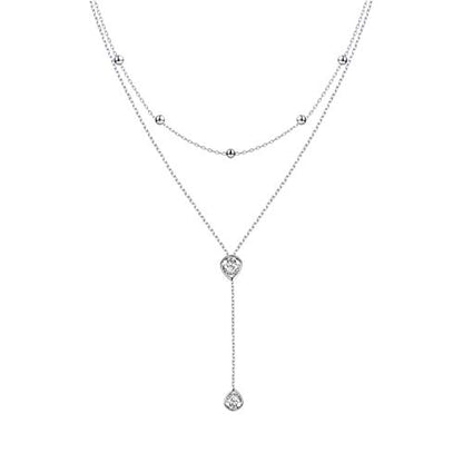 FLYOW Layered Necklace S925 Sterling Silver Y Shaped Jewelry - style: Two Teardrop CZ Style