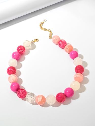 Chunky Beaded Necklaces for Women Statement Necklace | Bold Chunky Choker, Large Resin Beads, Adjustable Necklace, Boho Trendy Summer Beach Holiday Jewelry - color: Pink-01