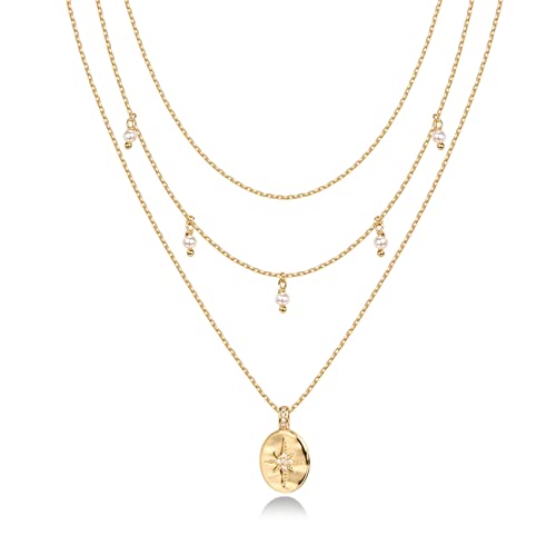 PAVOI 14K Gold Plated Layering Necklaces | Stylish Minimalist Design Pendant Necklaces | Bar, Circle, Lotus, Disc, Dog Tag, Horizontal Bar Pendants for Women - style: Pearl