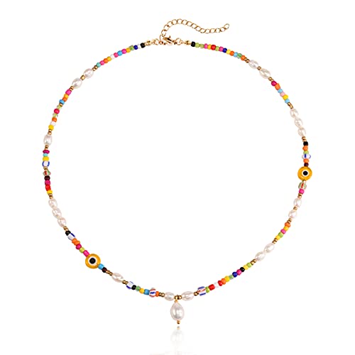 Wellike Freshwater Pearl Beaded Necklace for Women Handmade Boho Colorful Glass Beads Choker Necklace Stainless Steel 18K Gold Plated Bohemian Women Summer Jewelry Gifts - color: KKWX1150