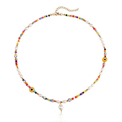 Wellike Freshwater Pearl Beaded Necklace for Women Handmade Boho Colorful Glass Beads Choker Necklace Stainless Steel 18K Gold Plated Bohemian Women Summer Jewelry Gifts - color: KKWX1150