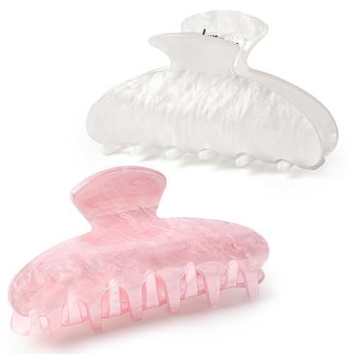 Aileam Acetate Hair Claw Clips for Women,Pink White hair clip French Design Strong Hold Non-Slip claw clips for Thick Hair, 2 Pack - color: Pink & Pearl White
