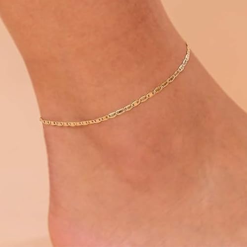 Gold Stainless Steel Anklet Chain for Women Adjustable Ankle Bracelet Fashionable Simple Design, Round mold chain - color: Gold+ Figure eight chain, size: 22+3cm