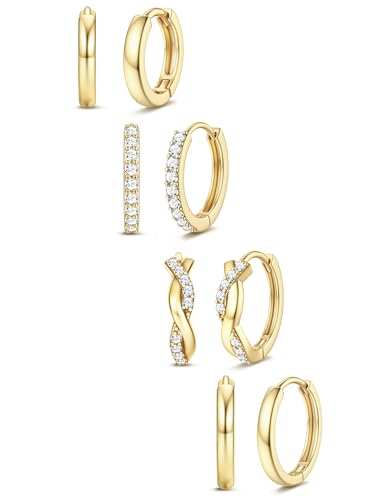 Jstyle Small Gold Hoop Earrings for Women Hypoallergenic Earring Stacks | 4 Pairs Huggie Hoop Earrings, Cartilage Earring Set for Sensitive Ears, Comfort Waterproof Earrings, Ideal Jewelry Gift - color: 14K Gold Style2