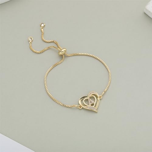 14K White Gold Plated Initial Heart Bracelet for Women Zircon Inlay Heart Initial Charm Bracelets Adjustable Minimalist Jewelry - color: E-gold