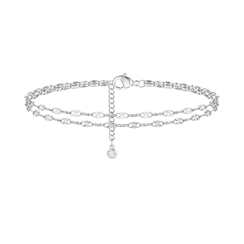 Robaice Ankle Bracelets for Women, 14K Gold Plated/Silver Layered Anklets | Waterproof Adjustable Anklet for Women, Summer Beach Anklet, Glitter Jewelry for Women Gifts - color: Silver-4