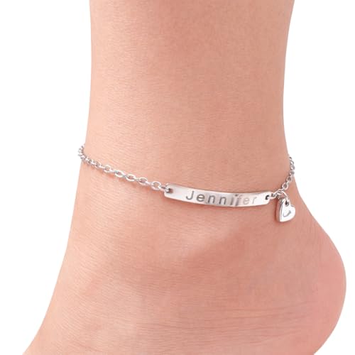 Personalized Name Bar Anklet for Women with Hand Stamped Dangle Heart Charm, Custom Engraved Initial Plate, 16K Gold Rose Gold Silver Plated Hypoallergenic Stainless Steel, Anniversary Birthday Bridesmaid Gift