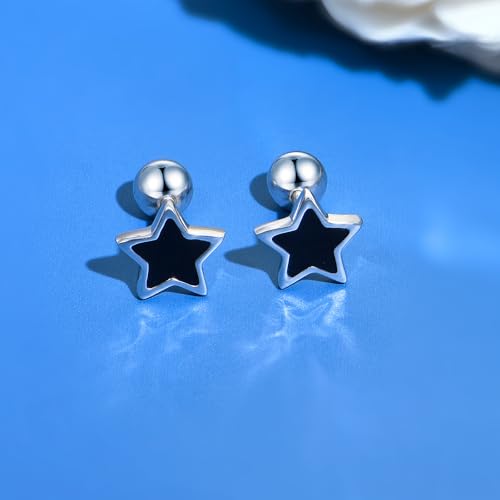 JSGEMSLEE Hypoallergenic 925 Sterling Silver Stud Earrings for Women With Screw Back Small Butterfly Heart Flower Earrings for Girls Tragus Cartilage Jewelry Gifts - color: black star