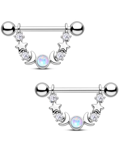 CM Crareesi Mania Opal Nipple Rings 316L Stainless Steel Nipple Shield Ring for Women 14G Moon Phase Nipple Piercing Jewelry - color: Silver-Star and Moon