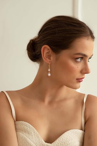 Freekiss Pearl Earrings for Women Trendy: Flat Back Stud Earrings 14K Gold Plated/925 Sterling Silver Freshwater Pearl Dangle Earrings Cute Bow Earrings Wedding Jewelry Birthday Gifts for Women Girls - style: double pearl drop earrings