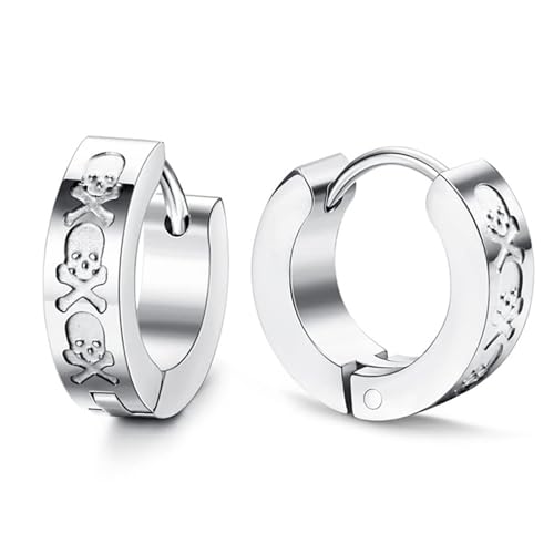 Aroncent 2-8Pcs Womens Mens Huggie Hoop Triangle Earrings Viking Runes Stainless Steel Ear Stud Novelty Black/Gold/Silver - color: D-Skull Hoop Earrings-Sliver
