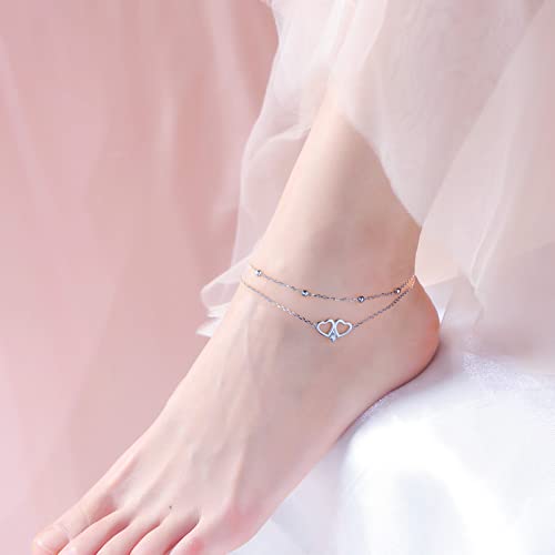 Anklet for Women 925 Sterling Silver Foot Adjustable Ankle Bracelet Jewelry - style: Layered Heart