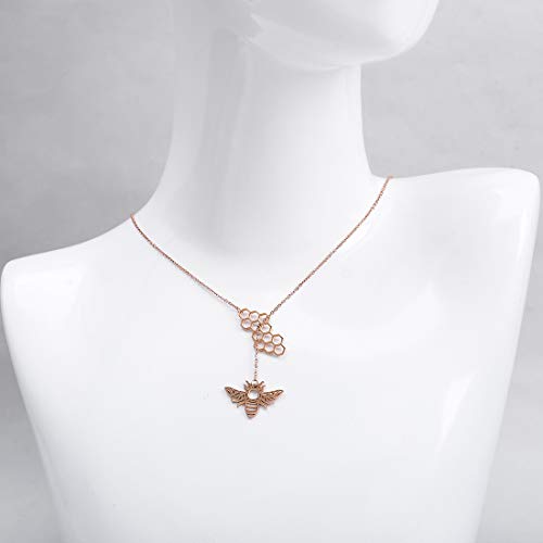 18K Gold Plated Stainless Steel Bee Honeycomb Pendant Necklace, Adjustable Y Lariat Conch/Guitar/Horseshoe Necklace for Women - color: Rose Gold, style: Bee
