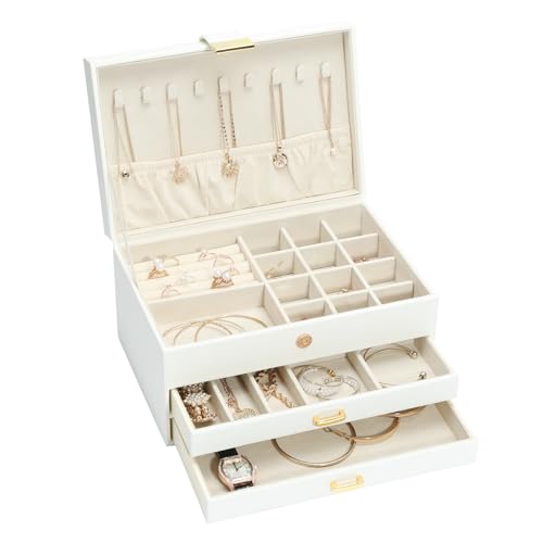 Jewelry Organizer Box, Women Jewelry Box 3 Layers with 2 Drawers, Large Jewelry Organizers Jewelry Boxes Display Earring Necklace Watch Bracelet and Rings, White - color: 3-Layer White, size: 3-Layer
