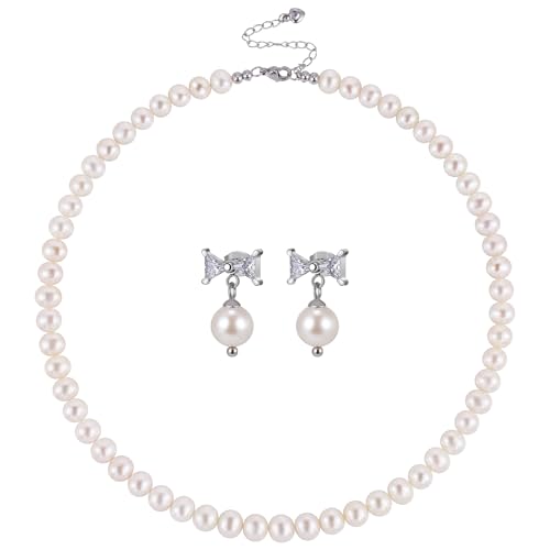 Freshwater Cultured Pearl Necklace Set Includes Cute Bow Pearl Earrings Jewelry for Women - size: 8 to 9mm