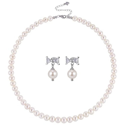 Freshwater Cultured Pearl Necklace Set Includes Cute Bow Pearl Earrings Jewelry for Women - size: 8 to 9mm