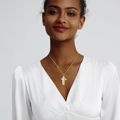 Zeffy 14K Gold/Silver Plated Chunky Thick Chain Toggle Clasp Necklace Dainty Baroque Pearl/Heart/Cross/Turquoise Pendant Necklace - color: Gold Baroque Pearl Cross Necklace