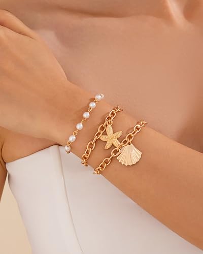 Shell Bracelets for Women Layered Seashell Starfish Bracelets Stackable Stretch Boho Beaded Bracelet Summer Beach Surfer Bracelet Seaside Beach Dress Outfits Accessories - color: B4:gold shell bracelets