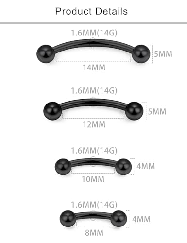 Lcolyoli 14G Snake Eyes Piercing Jewelry Tongue Curved Barbell Surgical Steel Small Belly Button Ring Eyebrow Piercing Jewelry Vertical Labret Lip Jewelry for Women Men Bar Length 8mm 10mm 12mm 14mm - color: black,14g