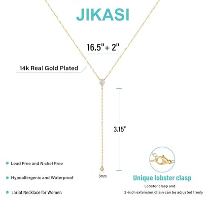Lariat Gold Necklaces for Women Trendy Dainty Long Necklace 14k Gold Plated/Silver Layered Drop Beaded Chain Necklaces Y-shaped Pendant Necklace Simple Gold Jewelry Gifts - color: Pear CZ-Gold