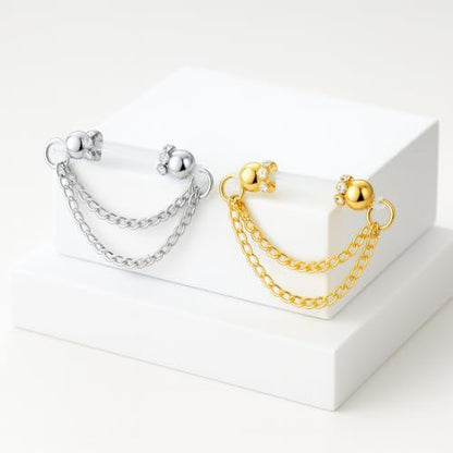 2 Pairs Non-Piercing Nipple Jewelry – Adjustable Silicone Rings with Silver & Gold Beads – Fake Nipple Piercing Look, Pain-Free Faux Nipple Rings for Unisex Adult Body Jewelry - color: Silver & Gold with Chains