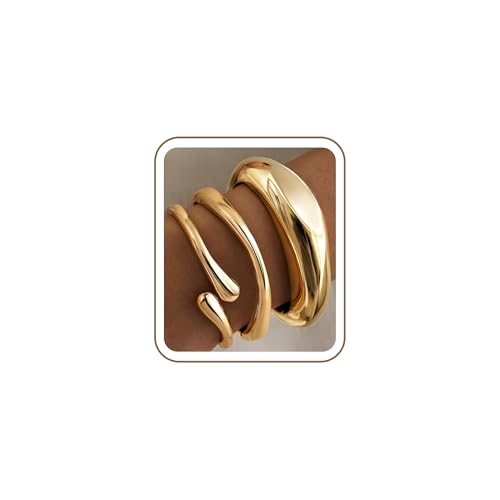 Chunky Gold Bangle Bracelets for Women, 14K Gold Plated Big Stackable Cuff Bracelet Set, Dainty Thick Dome Teardrop Bangles, Trendy Statement Jewelry Fashion Accessories - color: Gold
