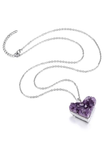 Jovivi Natural Amethyst Cluster Crystal Necklace for Women Men,Irregular Raw Rough Amethyst Quartz Stone Pendant Necklace Jewelry for Spiritual Reiki Healing,Beauty, Love and Positive Energy - color: Silver Plated - Heart Crystal