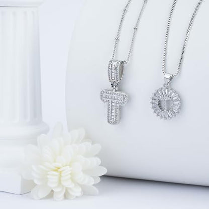 14K Gold Plated Alphabet Necklace Cubic Zirconia Letter Pendant, Personalized Name Jewelry Gift for Women, Customizable A-Z, Birthday/Mothers Day Gifts for Womens - color: White Gold, style: Style-T