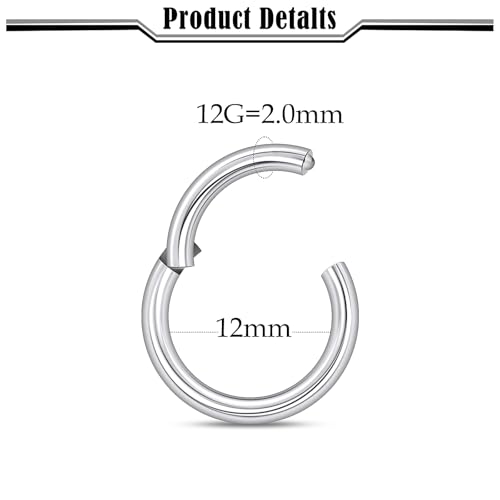 20G-2G Hinged Clicker Septum Nose Rings Hoops 316L Surgical Steel Segment Septum Lip Nipple Ring Cartilage Tragus Helix Sleeper Earrings Piercing Jewelry for Women Men 6mm-19mm - style: 12G(2.0mm)-Dia:12mm